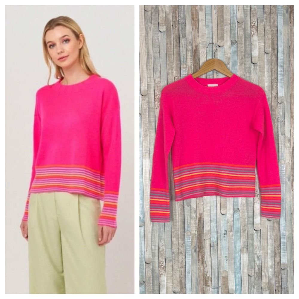 Brodie 100% Cashmere Bright Neon Pink Striped Hem Pullover Crewneck Sweater XS
